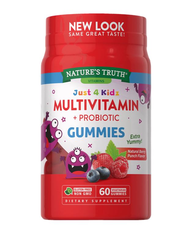 Nature's Truth Vitamins Just 4 Kidz Multivitamin + Probiotic GummiesNatural Berry Punch 60 VegetarianGummies วิตามินรวมสำหรับเด็กเหมาะสำหรับน้อง 2 ขวบขึ้นไป รสผลไม้อร่อยทานง่าย วิตามินรวมยอดฮิตจากอเมริกาประกอบด้วยวิตามินมากมาย อาทิ A, C, D, B,E, Zinc