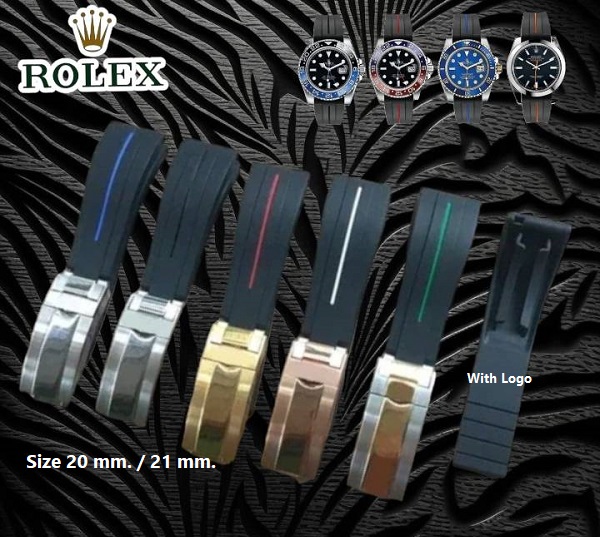 สายนาฬิกา แบบสายยางซิลิโคนสีดำ-เส้นหลากสีพร้อมบัคเคิลล็อกปลายสาย ใช้กับ Rolex