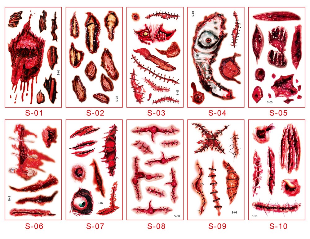 ++พร้อมส่ง++(คละลายให้งดเลือกลาย )แทททู Tattoo แผลเสมือนจริง พร๊อฟฮาโลวีน พร๊อฟหลอน