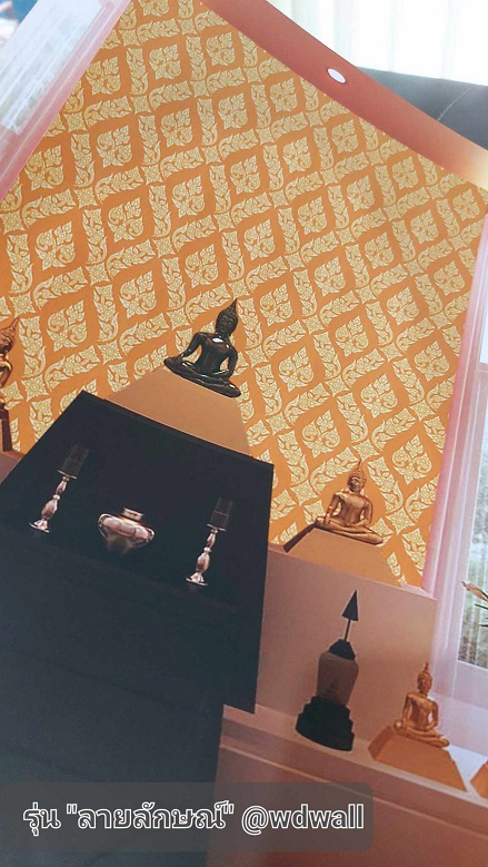 วอลเปเปอร์ตกแต่งห้องพระสวยๆ ร้านขายวอลเปเปอร์ติดผนังลายไทย ฉากหลังห้องพระสวยๆ ลายต้นโพธิ์ ลายเทพนม ลายกนก วอล์ลตกแต่งห้องพระ ลายไทยติดโบสถ์ ภาพจิตรกรรมตกแต่งห้องพระ 