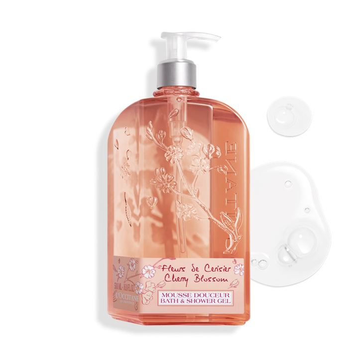 L'OCCITANE Cherry Blossom Bath & Shower Gel 500 ml. ขวดใหญ่ หัวปั๊ม เจลอาบน้ำมอบความสดชื่น ทำความสะอาดผิวอย่างอ่อนโยน มีกลิ่นหอมของสารสกัดเชอร์รี่ หอมละมุนจากธรรมชาติ แห่ง Cherry แรกแย้ม สามารถใช้เป็น foaming bath ให้โฟมครีมหนานุ่ม เพื่อความผ่อนค