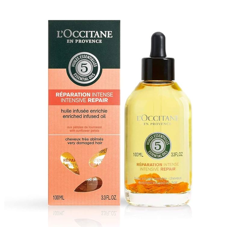 L'OCCITANE Intensive Repair Infused Oil 100ml. ออยล์สูตรปราศจากซิลิโคน มีส่วนผสมของน้ำมันจากพืชธรรมชาติ ช่วยปกป้องและฟื้นบำรุงผมแห้งเสียให้กลับมาเงางาม แลดูสุขภาพดีอีกครั้ง