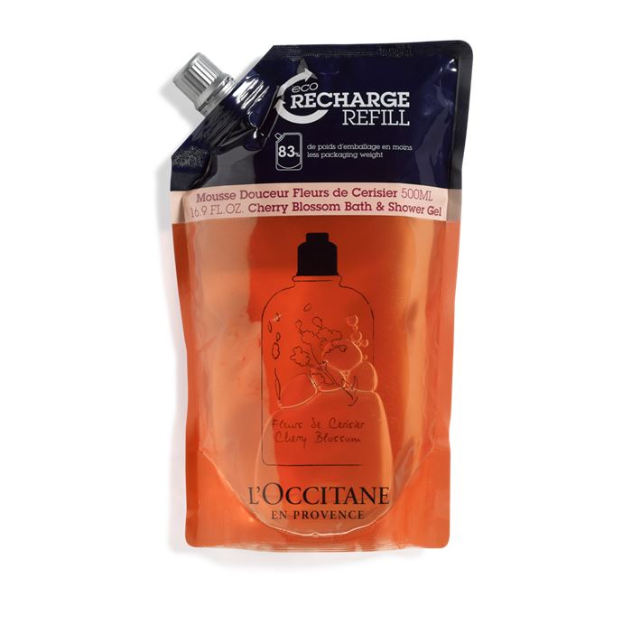 L'OCCITANE Cherry Blossom Bath & Shower Gel Eco-Refill 500 ml. รีฟิล ถุงเติม เจลอาบน้ำมอบความสดชื่น ทำความสะอาดผิวอย่างอ่อนโยน มีกลิ่นหอมของสารสกัดเชอร์รี่ หอมละมุนจากธรรมชาติ แห่ง Cherry แรกแย้ม สามารถใช้เป็น foaming bath ให้โฟมครีมหนานุ่ม เพื่อ