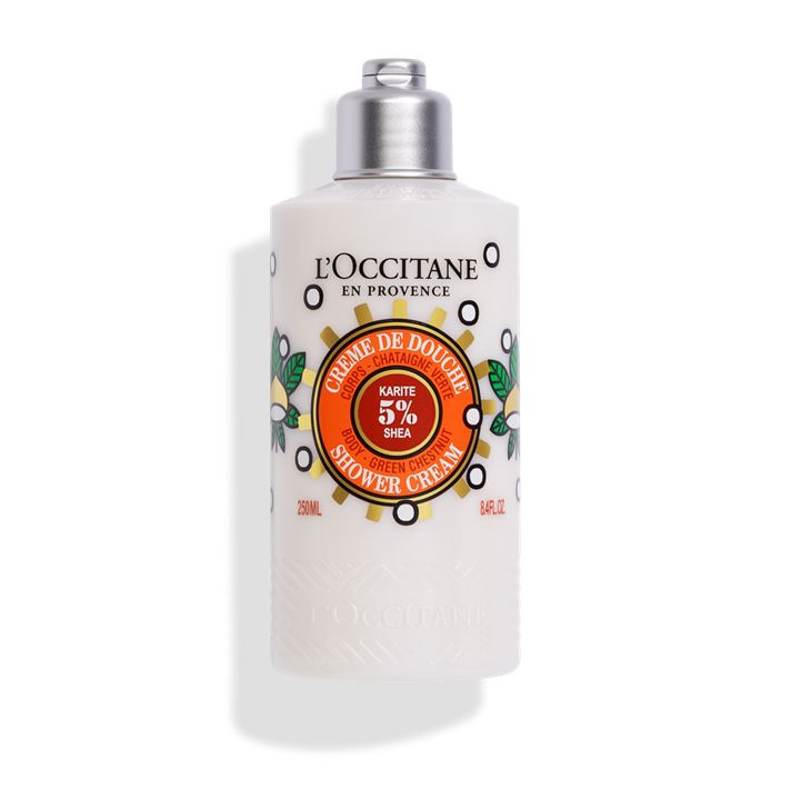 L'OCCITANE Shea Green Chestnut Shower Cream 250 ml. ครีมอาบน้ำเนื้อครีม พร้อมเชียบัตเตอร์เข้มข้น 5% อุดมด้วยวิตามินอี สุดอ่อนโยน คุณประโยชน์ All-in-1 ช่วยชำระล้างทำความสะอาดพร้อมบำรุงผิวด้วยเนื้อครีมนุ่มและอ่อนโยนกับผิวได้ด้วยในขั้นตอนเดียว เหมาะกับท