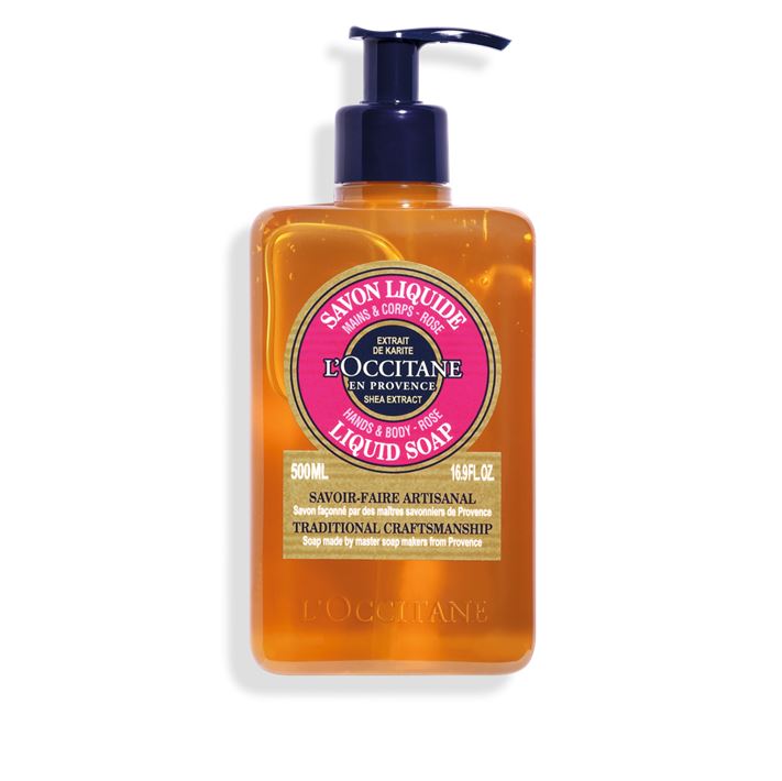 L'OCCITANE Shea Rose Hands & Body Liquid Soap 500 ml. สบู่เหลวทำความสะอาดผิวกายและผิวมืออย่างอ่อนโยน สูตรปราศจากน้ำมันปาล์ม ผสานคุณค่าจากเชีย บัตเตอร์ ช่วยให้ผิวเนียนนุ่ม พร้อมกลิ่นหอมจากกุหลาบ