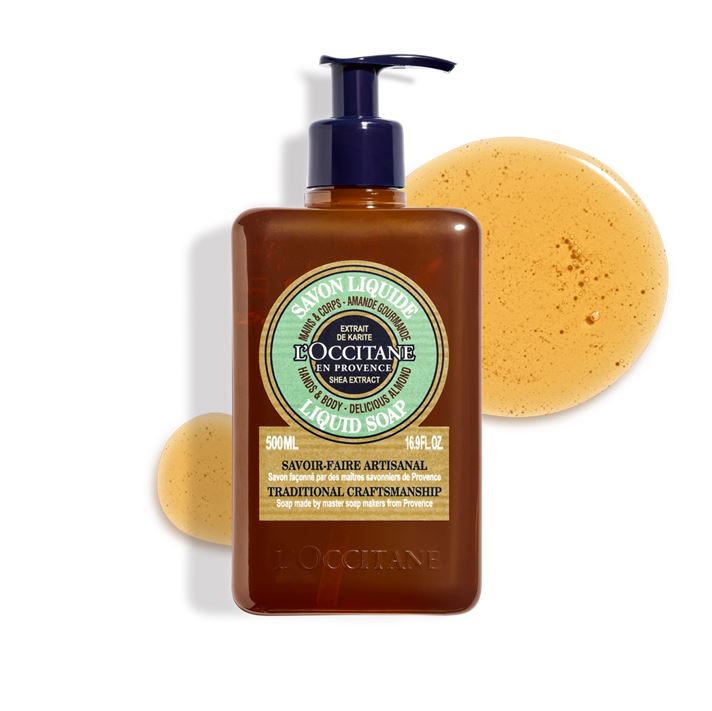 L'OCCITANE Shea Almond Hands & Body Liquid Soap 500 ml. สบู่เหลวทำความสะอาดผิวกายและผิวมืออย่างอ่อนโยน สูตรปราศจากน้ำมันปาล์มพร้อมกลิ่นหอมจากอัลมอนด์ เพื่อผิวสะอาด ไม่แห้งตึงอุดมไปด้วยน้ำมันอัลมอนด์และเชียบัตเตอร์ ซึ่งขึ้นชื่อเรื่องคุณสมบัติในการ