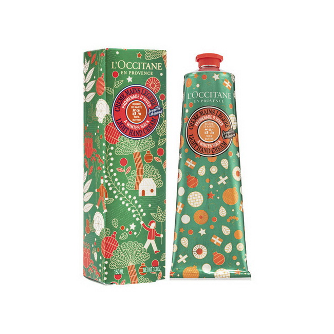 L'OCCITANE A Winter Walk Shea Butter Light Hand Cream Limited Edition 150 ml. ครีมบำรุงผิวมือ ให้ความชุ่มชื้น และกลิ่นหอมยาวนาน คอลเลคชั่นพิเศษสำหรับเทศกาลของขวัญอุดมไปด้วยเชียบัตเตอร์ 5% เนื้อครีมบางเบา ซึมเร็ว ไม่เหนียวเหนอะหนะ บำรุงมือให้เนียนนุ่ม