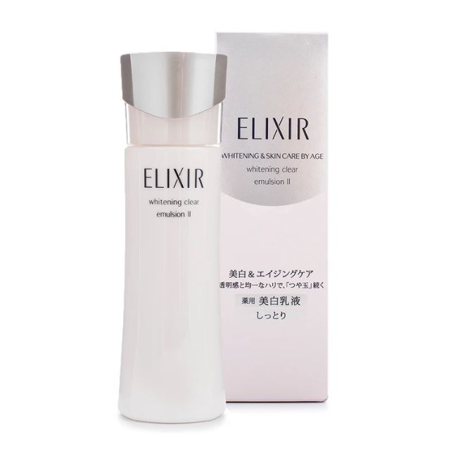 ELIXIR Whitening & Skin Care By Age Whitening Clear Emulsion II 130 ml. อิมัลชั่นเข้มข้น เพื่อใบหน้ายกกระชับ ฟื้นฟู บำรุงผิวให้กระจ่างใส ลดเลือนจุดด่างดำ สามารถใช้แทนครีมได้ ไม่เหนอะหนะ ช่วยยับยั้งการสร้างเม็ดสีเมลานินได้อย่างมีประสิทธิภาพ ป้องกันผิวห