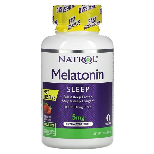 Natrol Melatonin Sleep 5 Mg 150 Tablets Strawberry ของแท้จาก US 100% วิตามินเมลาโทนินแบบเม็ดอม รสสตรอเบอร์รี่แสนอร่อย ทานง่าย แค่อมให้ละลายในปาก ไม่จำเป็นต้องดื่มน้ำตาม มีคุณสมบัติกึ่งฮอร์โมน ช่วยให้เราหลับสนิท รู้สึกผ่อนคลาย นอนหลับง่ายขึ้น หลับสบายไม่ตื