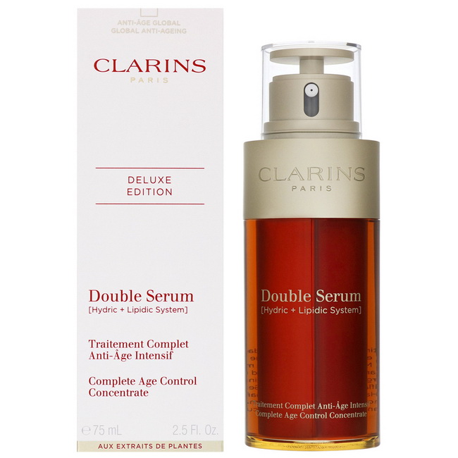 CLARINS Double Serum Complete Age Control Concentrate 75 ml.เซรั่มต่อต้านความร่วงโรยอันดับ 1 ของคลาแรงส์ สูตรเข้มข้นสองเท่า ผสมผสานสารสกัดเปี่ยมประสิทธิภาพจากพืช 21 ชนิด ช่วยกระชับผิวและลดเลือนริ้วรอยอย่างเห็นได้ชัด