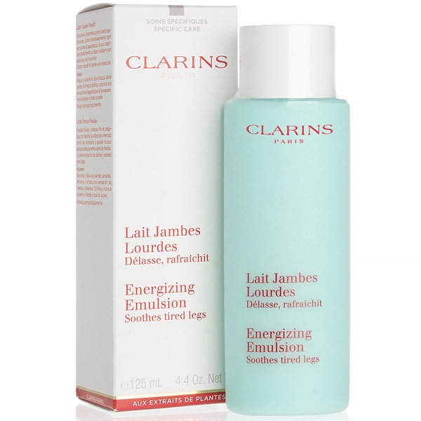 CLARINS Energizing Emulsion Soothes Tired Legs 125 ml. อีมัลชั่นปลอบประโลมและฟื้นบำรุงเรียวขาที่เมื่อยล้าปลดปล่อยความหนัก ความอ่อนล้าให้เรียวขา ให้พลังความสดชื่นกับส่วนผสมจากธรรมชาติ ช่วยลดอาการบวมน้ำ ช่วยให้ผ่อนคลาย โลชั่นเนื้อบางเบา ซาบซึมเร็ว ใช้ได้ทุก