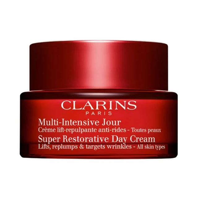 CLARINS Super Restorative Day Cream 50 ml. เดย์ครีมสูตรมอบผิวดูกระชับ ลดเลือนความหย่อนคล้อย และริ้วรอยแห่งวัย สำหรับวัย 45 ปีขึ้นไปช่วยลดผลกระทบที่ทำร้ายผิวจากวัยที่เพิ่มขึ้น ปรับผิวให้ดูเรียบเนียน รู้สึกได้ว่าผิวแน่นละเอียดขึ้น สีผิวดูสม่ำเสมอ แลดูกระชับ