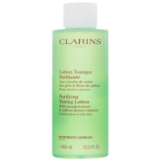 CLARINS Purifying Toning Lotion 400 ml. โลชั่นปรับสภาพผิวที่ช่วยปรับสมดุลของผิวผสมถึงผิวมัน เพื่อผิวที่สะอาดบริสุทธิ์และสวยงามคุณค่าจากสารสกัด Meadowsweet และ Saffron flower ช่วยขจัดความมันที่ตกค้าง พร้อมปรับสมดุลให้ผิวช่วยทำความสะอาดด่านสุดท้ายสำหรับผิวผ