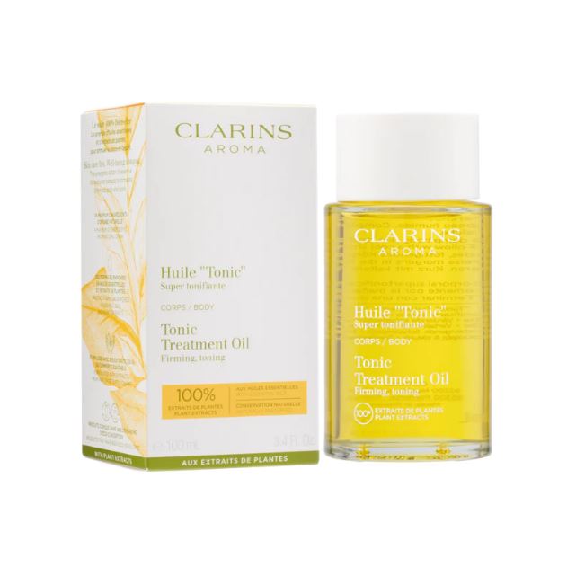 CLARINS  Tonic Body Treatment Oil 100 ml. น้ำมันสำหรับผิวกายนี้ผลิตจากสารสกัดจากพืชพรรณธรรมชาติบริสุทธิ์ 100% ช่วยให้ผิวกระชับ เต่งตึง และเพิ่มความยืดหยุ่นของผิว ลดรอยแตกลาย น้ำมันเฮเซลนัทกักเก็บความชุ่มชื้นและช่วยให้ผิวนุ่มละมุนดุจซาตินน่าสัมผัส