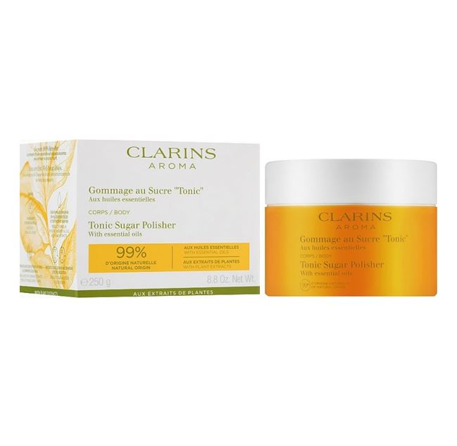 CLARINS Tonic Sugar Polisher 250 g. สครับผลัดเซลล์ผิวด้วยเกล็ดน้ำตาลและเกลือทะเล มอบผิวดูเรียบเนียนหมดจด นุ่มละมุน พร้อมส่วนผสมที่ช่วยกระชับผิว และคืนความสดชื่นให้ผิวด้วยน้ำมันหอมระเหย เอสเซนเชียลออยล์ มอบผิวดูเรียบเนียนหมดจดและนุ่มละมุน