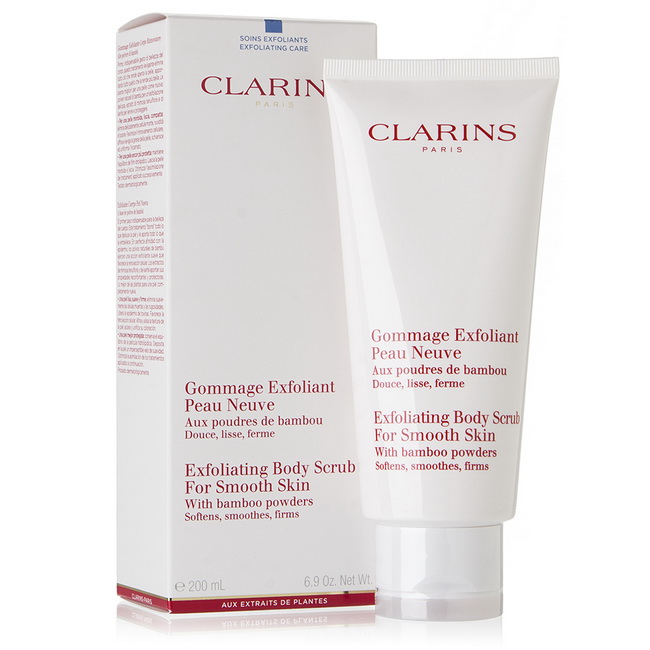 CLARINS Exfoliating Body Scrub for Smooth Skin 200 ml. สครับผลัดเซลล์ผิวกายเพื่อผิวนุ่มละมุนดุจผิวทารก ผงแป้งจากเนื้อไผ่ช่วยขัดผิวให้นุ่มละมุน ทั้งยังช่วยขจัดสิ่งสกปรกและเซลล์ผิวที่ตายแล้วผิวของคุณจะเนียนนุ่มราวกับผิวทารก