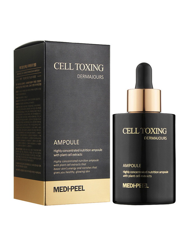 Medi Peel Cell Toxing Dermajours Ampoule 100ml. แอมพูลให้ความความชุ่มชื้น ปรับสีผิว ลดริ้วรอย เสริมเกราะป้องกันผิวด้วยเทคนิค Liposomal ดันเซรั่มลงผิว ให้ความชุ่มชื้นอย่างล้ำลึกสู่ผิวและช่วยเสริมเกราะป้องกันผิว ประกอบด้วย 4 Peptide Complex ที่มอบการบำรุงที