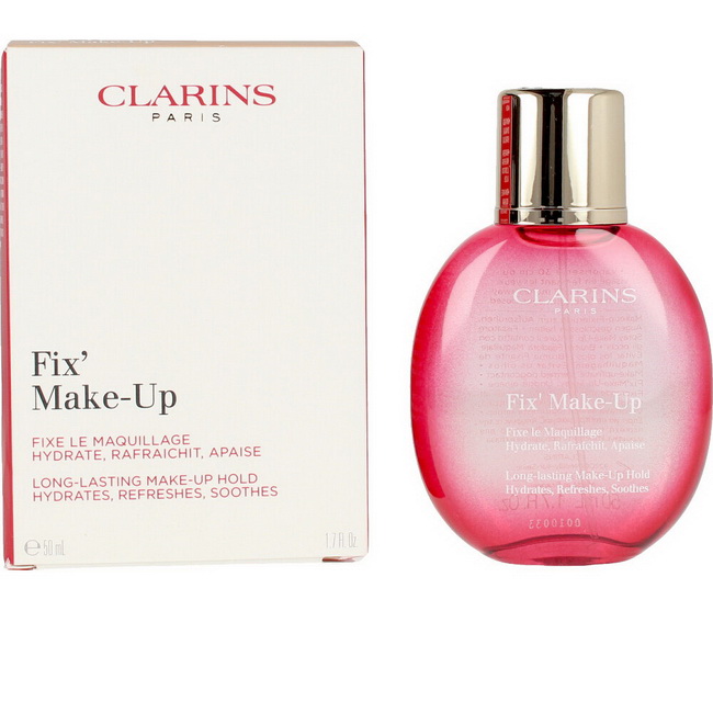 CLARINS Fix Make-Up 50 ml. สเปรย์ที่จะช่วยคงเมคอัพ ให้อยู่บนผิวได้ยาวนานตลอดทั้งวัน ไม่ต้องเติมหน้าระหว่างวัน แม้อากาศร้อนก็เอาอยู่ อุดมด้วยว่านหางจระเข้และอัลลันโทอิน ช่วยให้ผิวชุ่มชื้น พร้อมปลอบประโลมผิวได้ทันที