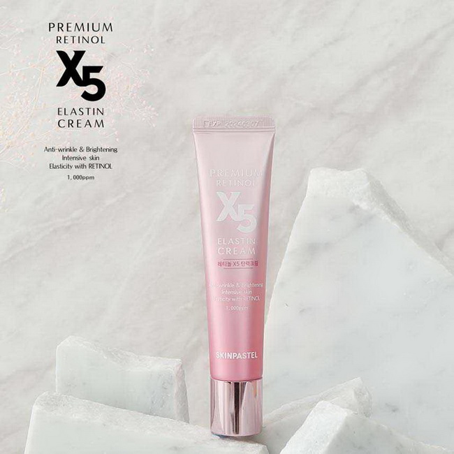 SKINPASTEL Premium Retinol X5 Elastin Cream 30ml. ครีมบำรุงตัวใหม่เป็นระดับพรีเมี่ยม เรตินอล X5 อีลาสติน มีส่วนผสมเป็นเรตินอลเข้มข้น 1,000 ppm , BHA ช่วยให้ผิวมีความยืดหยุ่น ลดริ้วรอยและผลัดเซลล์ผิวในระดับลึกอย่างอ่อนโยน ริ้วรอยตื้นขึ้น หน้าขาวใส มีความยื