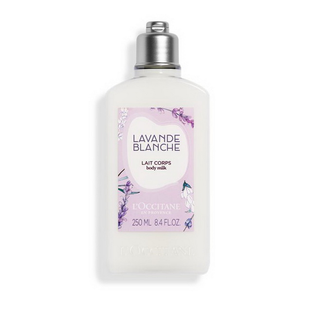 L'OCCITANE White Lavender Body Milk 250 ml. โลชั่นน้ำนมบำรุงผิวกาย เพิ่มความชุ่มชื้นให้ผิวจากเชีย บัตเตอร์ให้ความชุ่มชื่นยาวนาน 24 ชั่วโมง ด้วยกลิ่นประณีตของดอกไม้ที่สะอาดและสดใหม่ White Lavender มีกลิ่นอันหอมสดชื่น ฟรอรัลอบอุ่นมัสก์วู้ดดี้ จากลาเวนเ