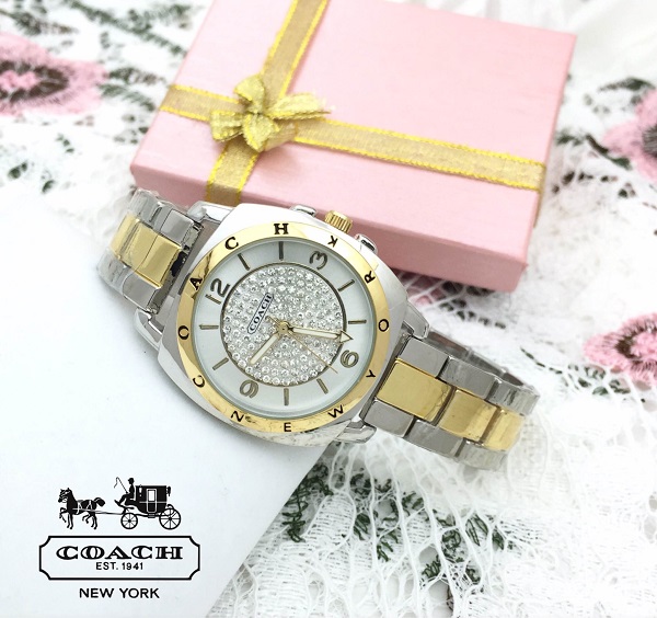 ** พร้อมส่ง **นาฬิกาข้อมือแฟชั่น แบรนด์ สายเลส สีเงินสลับทอง( Coach )