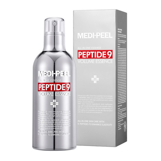 MEDI-PEEL Peptide9 Volume All In One Essence 100ml. เอสเซ้นส์ต่อต้านวัยที่อัดแน่นด้วยเปปไทด์ 9 ชนิด เพื่อเพิ่มความยืดหยุ่นของผิวและลดเลือนริ้วรอย พร้อมเพิ่มความชุ่มชื้น ให้ผิวกระชับ เต่งตึง เปล่งปลั่งบำรุงผิวเพื่อผิวอิ่มฟู ชุ่มชื้นอ่อนเยาว์ อุดมด้วยส่วนผส