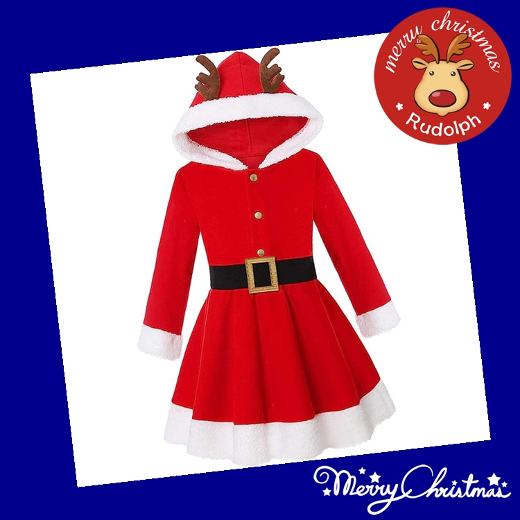 7C341 ชุดเด็ก ชุดซานตาครอส ชุดแซนตี้ ชุดคริสต์มาส เดรสแขนยาวมีฮู้ด Children Santy Santa claus Christmas Costumes