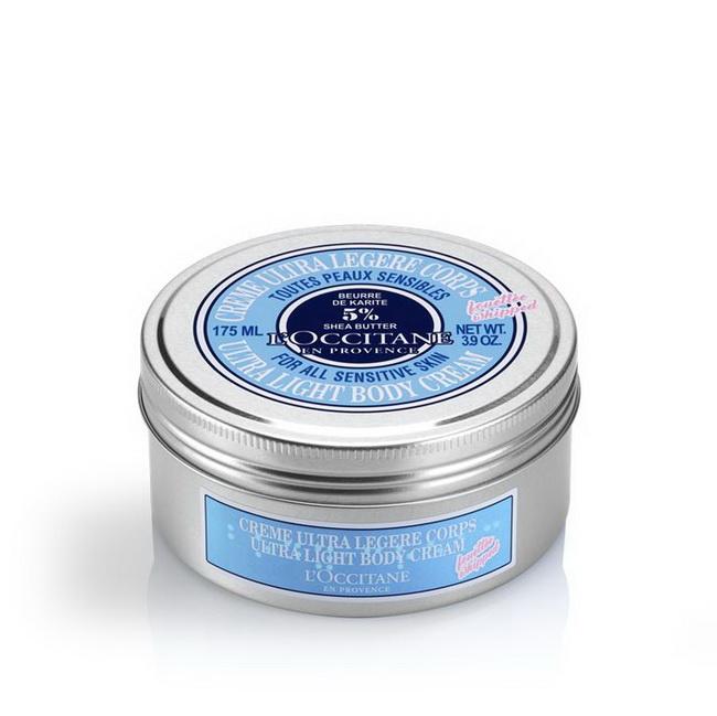 L'Occitane Shea Ultra Light Body Cream 175 ml. บอดี้ครีมเชีย บัตเตอร์ 5% สูตรเบาสบายผิว ปกป้องผิวจากความแห้งกร้าน บำรุงผิวให้เนียนนุ่มน่าสัมผัส ช่วยให้ความชุ่มชื่นยาวนานถึง 24 ชั่วโมงผิวดูกระชับขึ้น พร้อมกลิ่นหอมอ่อนๆ ช่วยผ่อนคลายจากความเหนื่อยล้า เห