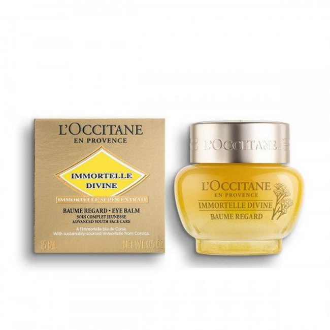 L'Occitane Immortelle Divine Eye Balm 15 ml. อายบาล์มที่ผสานคุณค่าจากสารสกัด Immortelle Super Extract และเชียบัตเตอร์จะละลายซึมซาบเข้าสู่ผิว ช่วยบำรุงผิวรอบดวงตา ริ้วรอยตีนกาแลดูลดเลือน ผิวแน่น กระชับ เรียบเนียนและมีชีวิตชีวา