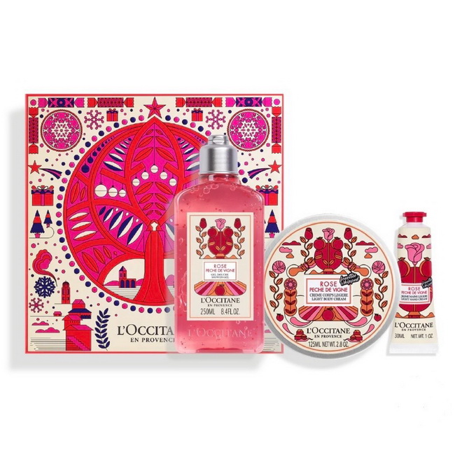 เซ็ตของขวัญ L'Occitane Holiday 2023 Rose Vine Peach Set ชุดของขวัญประจำปี 2023 รวมผลิตภัณฑ์กลิ่นหอมใหม่คอลเลคชั่นใหม่ ที่เป็นกลิ่นลิมิเต็ดที่มีเฉพาะช่วงนี้เท่านั่น ทั้งเจลอาบน้ำ บอดี้ครีม และแฮนด์ครีม ในขนาดไซส์จริงมอบความสดชื่นเปล่งประกายแซมด้วยความ