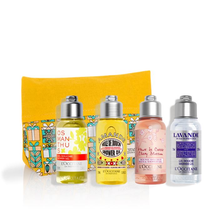 เซ็ตของขวัญ L'Occitane Holiday 2023 Shower Gel Quattro Trio Set ชุดของขวัญประจำปี 2023 ที่รวมเจลอาบน้ำ 4 กลิ่น ในขนาดพกพา พร้อมกระเป๋า เฉพาะในช่วงเทศกาลนี้เท่านั่น