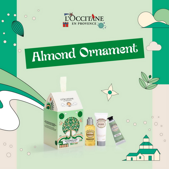 เซ็ตของขวัญ L'Occitane Holiday 2023 Almond Ornament ชุดของขวัญประจำปี 2023 ที่รวมผลิตภัณฑ์บำรุงผิว3ชิ้น ขนาดพกพา จากส่วนผสมของอัลมอนด์ อุดมไปด้วยสวีท อัลมอนด์ พลังแห่งคุณสมบัติของการมอบความชุ่มชื้น ช่วยต่อต้านริ้วรอย ลดเซลลูไลท์ ให้ผิวเรียบเนียนตึงกร