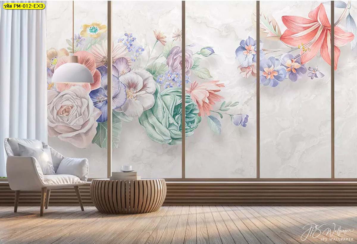 ตกแต่งฉากหลังห้องรับแขก สไตล์ modern ภาพพิมพ์วอลเปเปอร์ ภาพคมชัด ลายดอกไม้หวาน