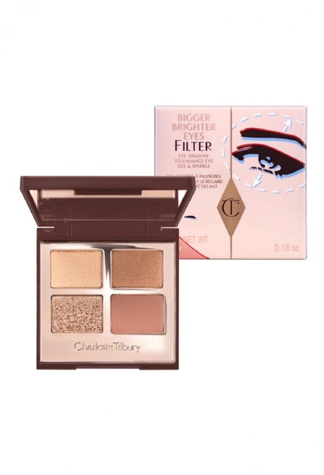 Charlotte Tilbury Bigger Brighter Eyes Filter Palettes สี Exaggereyes 5.2 g พาเลทอายแชโดว์ 4 สี โทน rose-gold เพื่อสร้างความโดดเด่นเป็นประกายแวววาวให้กับดวงตาที่ดูโตและดูสว่างขึ้น โดยได้รับแรงบันดาลใจจากฟิลเตอร์โซเชียลมีเดียที่ส่องประกายระยิบระยับ