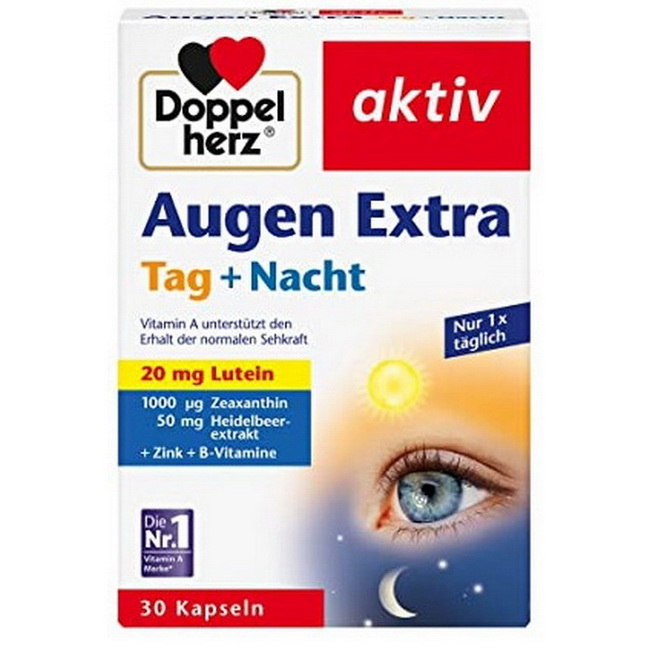 DoppelHerz aktiv Augen extra Tag+NachtEye extra day + night capsules 30 pieces วิตามินบำรุงสายตาจากเยอรมันสูตรสำหรับผู้ที่ใช้คอม ขับรถตอนกลางคืนบ่อยๆ หรือ ใช้โทรศัพท์มือถือติดต่อกันเป็นเวลานานในหนึ่งแคปซูลประกอบด้วยวิตามิน A, C และ E วิตามินบีที่มีคุณค่าแ