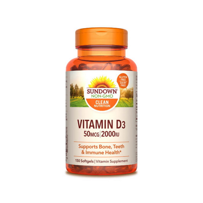 Sundown Non-GMO Vitamin D3 50 MCG 2000 IU 150 Softgels ผลิตภัณฑ์เสริมวิตามินดี3 ที่มีศักยภาพสูง 50 ไมโครกรัม ในรูปแบบที่ร่างกายพร้อมและดูดซึมได้ง่าย วิตามินดีมีส่วนช่วยระบบภูมิคุ้มกันโดยช่วยควบคุมทีและบีลิมโฟไซต์ ช่วยให้ร่างกายดูดซึมแคลเซียมเพื่อให้คุณสาม
