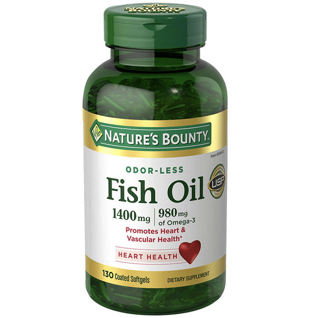 Natures Bounty Fish Oil 1400 mg130 Coated Softgels น้ำมันปลาที่มาจากรัฐอลาสก้า มีปริมาณโอเมก้าถึง 8 ชนิด (DHA, GLA, DPA, EPA, LA, ALA, AA, DGLA) และความเข้มข้นของปริมาณน้ำมันปลาถึง1400mgต่อเม็ดใน 1 เม็ดมี Omega3 สูงถึง 980 mg เป็นแบบ Odorless ไม่มีกลิ่นคา