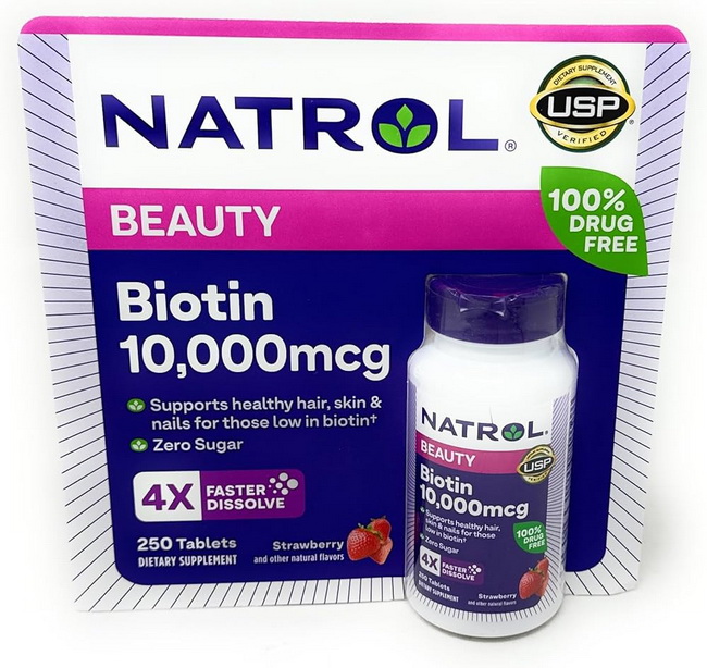 Natrol Biotin Beauty 10,000 mcg 4x Faster Dissolve 250 Strawberry FlavoredTablets บำรุงผม ผิวพรรณ เล็บ เร่งด่วน วิตามินไบโอตินเข้มข้น 10,000 ไมโครกรัม สูตรดูดซึมเร็ว 4 เท่า สำหรับหนังศีรษะบาง ผมร่วงง่าย นี่ค่ะไบโอตินที่จะช่วยเสริมแข็งแรงให้รากผมยึดเกาะเส้