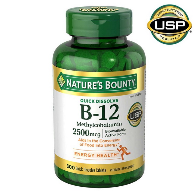 Nature's Bounty B-12 Methylcobalamin 2500 mcg 300 Quick Dissolve Tablets วิตามิน B12 Methylcobalamin ช่วยเพิ่มพลังงานให้กับร่างกาย ทำให้เซลล์ต่างๆสามารถทำงานได้ดีขึ้นช่วยบำรุงหัวใจและระบบประสาท ช่วยในการสร้างเซลล์เม็ดเลือดแดง ตัวนี้มาในรูปแบบ quick d