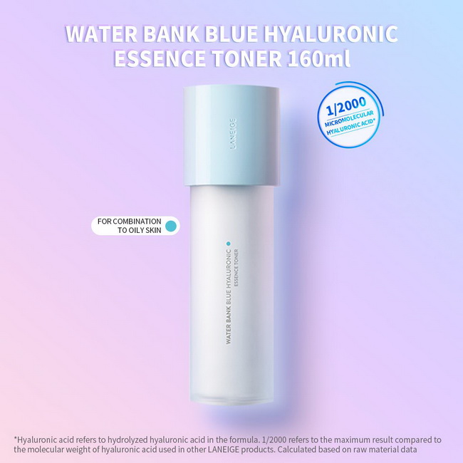 Laneige Water Bank Blue Hyaluronic Essence Toner for Combination to OilySkin160 ml.โทนเนอร์เอสเซ้นส์สําหรับผิวผสม-ผิวมัน เติมเต็มความสดชื่นนุ่มนวลให้ผิว พร้อมคืนสมดุลของน้ํามันบนผิว เป็นโทนเนอร์ที่ให้ความชุ่มชื้น ซึบซาบอย่างรวดเร็ว สําหรับผิวแพ้ง่ายระคายเ