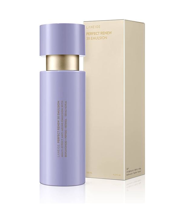 Laneige Perfect Renew 3X Emulsion 130ml. อิมัลชั่นต่อต้านริ้วรอยที่ช่วยเติมความชุมชิ้นอย่างล้ำลึก ให้สัมผัสผิวที่นุ่มเด้งและกระจ่างใสยิ่งขึ้นช่วยปูพื้นฐานผิวให้แข็งแรง สุขภาพดี อุดมไปด้วยสารอาหารบำรุงผิวเพื่อทาให้ผิวมีชีวิตชีวา ในขณะเดียวกันช่วยเพิ่มความน