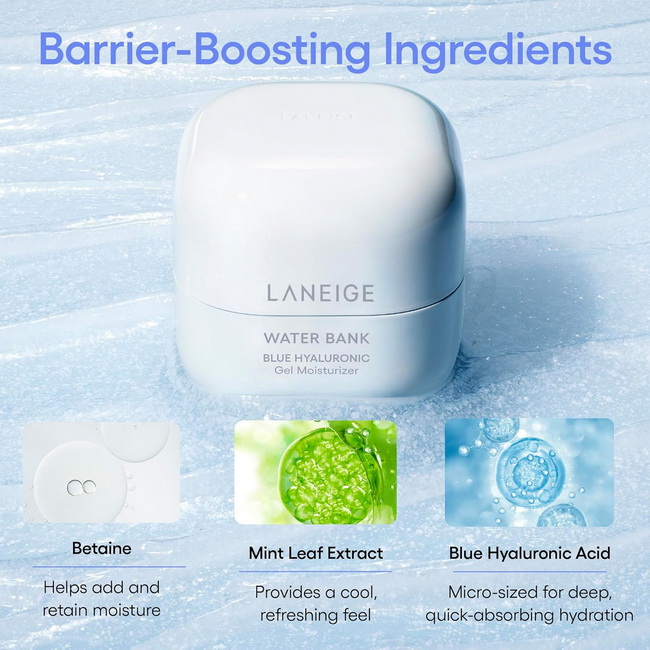 Laneige Water Bank Blue Hyaluronic Gel Cream 50 ml.ครีมเจลสำหรับผิวผสม-ผิวมัน จากลาเนจ เติมความชุ่มชื้นสดชื่นโดยไม่รู้สึกเหนียวเหนอะหนะ คงความชุ่มชื้นยาวนาน 48 ชั่วโมง ช่วยบำรุงผิวลดอาการแดง ระคายเคือง สูตรปราศจากความมันเงา ที่แทรกซึมเข้าสู่ผิวได้เล็กน้อย