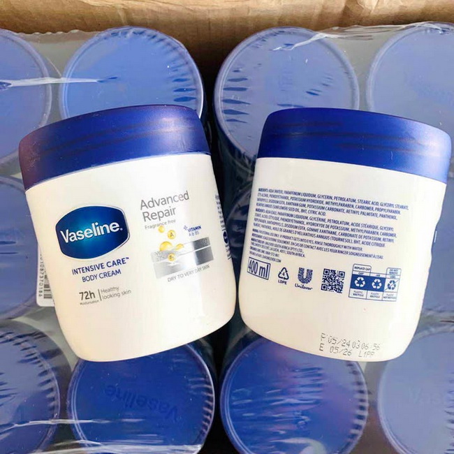 Vaseline Advanced Repair Intensive Care Body Cream with Vitamin A & B5 Fragrance Free 400ml. (กระปุกขาว) ครีมบำรุงผิวเข้มข้น ซ่อมแซมผิวแห้งมาก เพิ่มวิตามิน A และวิตามิน B5 เพื่อการบำรุงผิวที่ครบทุกมิติ เหมาะสำหรับผิวแพ้ง่าย ไม่มีส่วนผสมของน้ำหอม คงควา