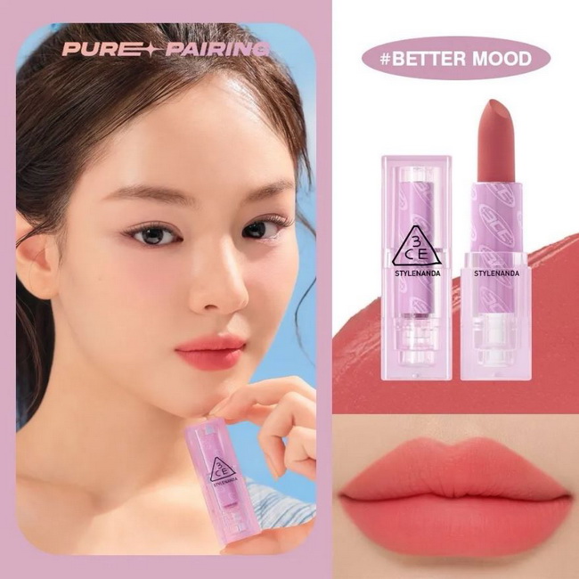 3CE Pure Pairing Soft Matte Lipstick 3.5g #Butter Mood สีชมพูแกมแดง ลิปเนื้อแมท จาก 3CE คอลเลคชั่นใหม่ล่าสุด มาพร้อมแพคเกจสุดคิ้วท์ เข้ากับตีม Y2K ตอนนี้เลยจ้า ให้ฟินิชซอฟต์แมตต์เนื้อแมทสัมผัสบางเบานุ่มละมุนเม็ดสีเด่นชัด ติดทนนาน ช่วยให้ริมฝีปากดูเรียบเนี