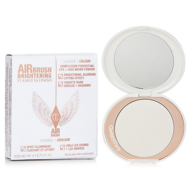 Charlotte Tilbury Airbrush Brightening Flawless Finish Powder 9 g. #Fair-Medium สีขาวมุก สำหรับผิวขาวถึงผิวปานกลาง แป้งอัดแข็งรุ่นใหม่ที่มีอณูแป้งระดับไมโครไฟน์ด้วยอณูแป้งสีมุกเนื้อเนียนละเอียด เป็นเอฟเฟกต์การลดเลือนเงาบนใบหน้าที่ช่วยปกปิดรอยหมองคล้ำเนรมิ