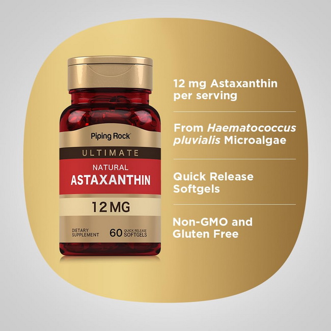 Piping Rock Ultimate Natural Astaxanthin 12 mg 60 Softgels นำเข้าจากอเมริกา วิตามินสาหร่ายแดง แอสต้าแซนทิน Astaxanthin มีประโยชน์ได้สูงที่สุด ควรทานให้ได้วันละ 12 mg. เป็นสารต้านอนุมูลอิสระกลุ่มแคโรทีนอยด์ที่มีประสิทธิภาพสูงกว่าวิตามินซีถึง 500 เท่า ช่วยล