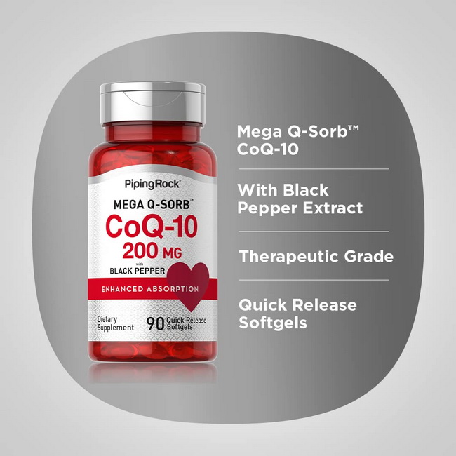 Piping Rock Mega Q-Sorb CoQ-10 200 mg 90 Softgels นำเข้าจากอเมริกา ของแท้ 100% วิตามินโคคิวเทนใน 1 ซอฟท์เจล ประกอบด้วยCoenzyme Q10 (Ubiquinone) 200 mg เมื่อทานเป็นประจำอย่างต่อเนื่อง จะช่วยต่อต้านอนุมูลอิสระ ลดริ้วรอยร่องลึก ให้ผิวชุ่มชื่นอิ่มน้ำ ดูอ่อนกว