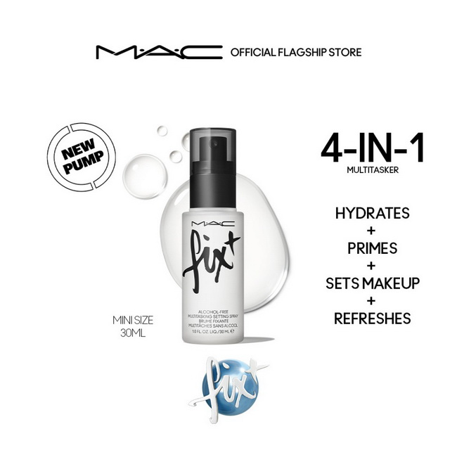 MAC Fix+ Alcohol-Free Multitasking Finishing Setting Spray Mini 30 ml. แพคเกจใหม่ สเปรย์น้ำเนื้อบางเบา คุณสมบัติ 4 in 1 ช่วยเติมความชุ่มชื้นให้ผิว+ช่วยเตรียมผิว+เซ็ทเมคอัพ+ล็อคให้เมคอัพติดทนตลอดทั้งวันปราศจากแอลกอฮอล์ อัดแน่นไปด้วยส่วนผสมจากวิตามินและแร่ธ