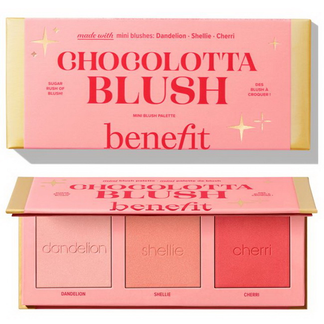 Benefit Chocolotta Blush Mini Blush Palette 3x2.5g (Limited Edition) เซตบลัชออนขนาดมินิ ในเซตจะมีบลัชออน 3 สี ขนาดมินิ สี Dandelion ชมพูเบบี้พิ้งค์, สี Shellie สีชมพูอมส้มสุดสดใส และสีสุดพิเศษ Cherri สีแดงเชอร์รี่สุดป๊อป เฉพาะในพาแลตต์นี้เท่านั้น