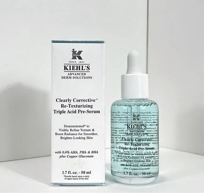 Kiehl's Clearly Corrective Re-Texturizing Triple Acid Pre-Serum 50ml. ใหม่ล่าสุด สูตรแรกเซรั่มผิวใสจาก KIEHLS ตอบโจทย์คุณๆที่มีปัญหาผิวไม่เรียบเนียน หมอง ไม่กระจ่างใส สูตรเข้มข้น ที่ซึมซาบไว จัดเต็มส่วนผสมหลักอย่างTriple-Acid Blend 8.6%ประกอบด้วย PHA